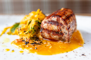 Beef ribs BBQ.Baked beef meat with pumpkin