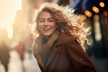 AI generated image of happy trendy beautiful blond woman with wavy hair wearing coat and walking on a Christmas decorated city street