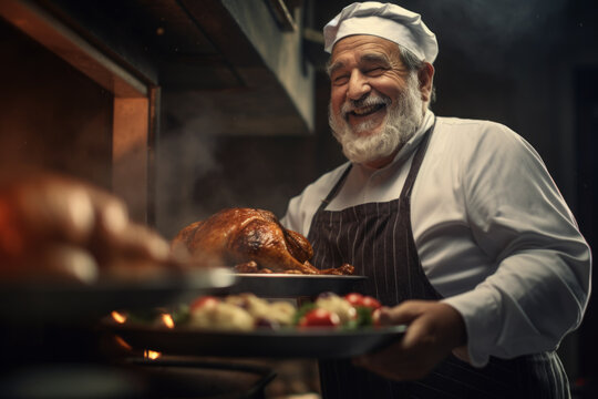 AI generative images of adorable bearded mature male cook wearing uniform and apron and holding plate with prepared turkey for Thanksgiving Day dinner
