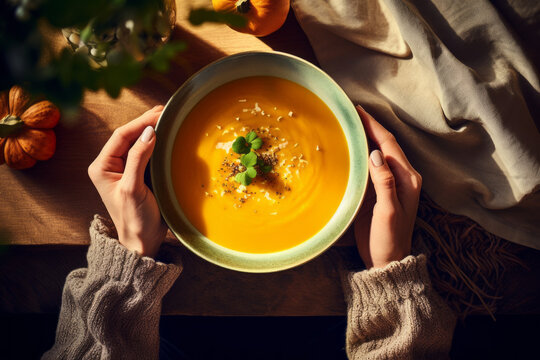 AI generative images top view of anonymous woman having pumpkin soup on a dining table with thanksgiving dinner concept