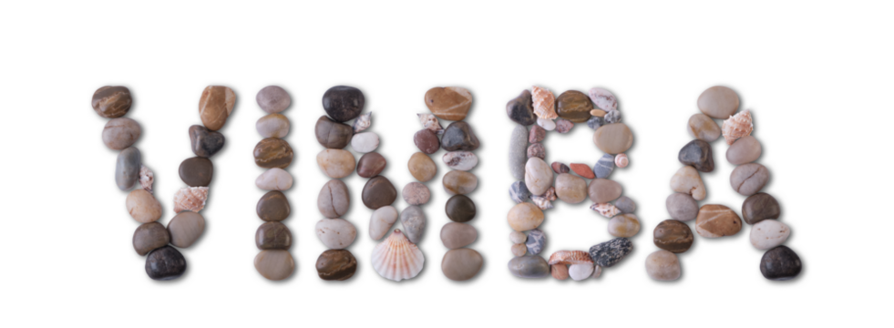 The word "VIMBA" is lined with shells and stones of different shapes and colors on a transparent background. Types of fish and seafood, price tag, sea food, fish market, sea alphabet