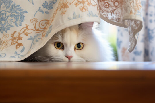 AI generated image of Persian kitty at the table hiding and peeking behind colorful cloth