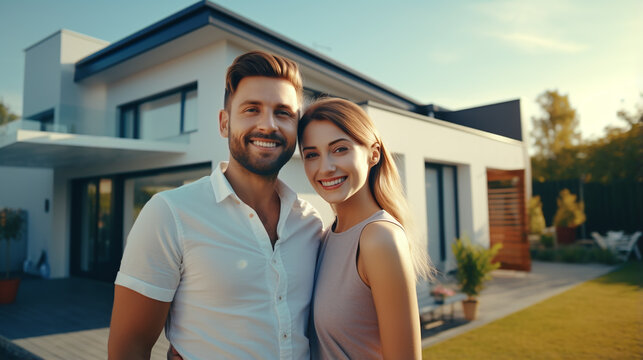 couple holding each other in arms in front of a house, smiling
