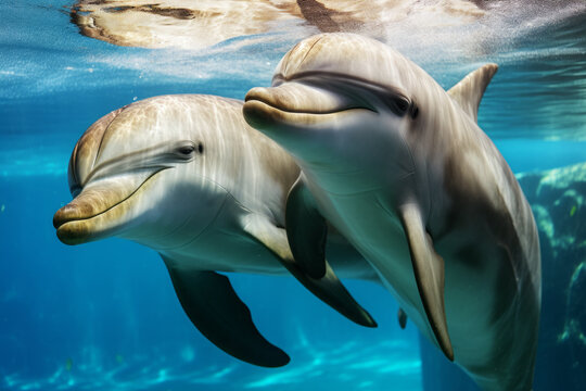 AI generated image of two happy dolphins swimming underwater in the sea