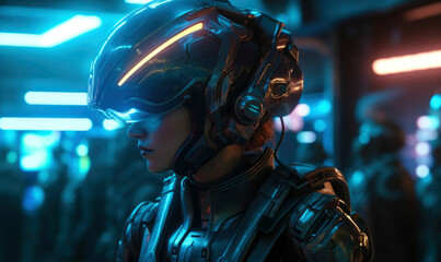 Generative AI illustration anonymous of female cibergamers in futuristic helmet and costume looking away on dark blurred background with neon lights