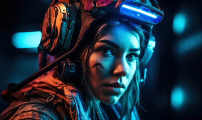 Generative AI illustration of female cibergamers in futuristic helmet and costume looking away on dark blurred background with neon lights