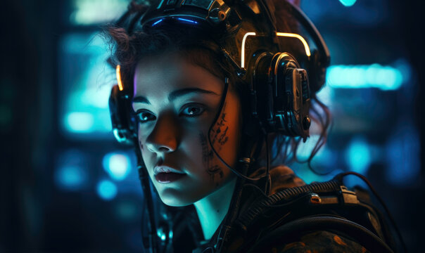 Generative AI illustration of female cibergamers in futuristic helmet and costume looking away on dark blurred background with neon lights