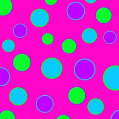 Bright green, blue, and purple circles pattern on pink background