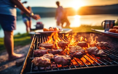 Group of people grilling meat close to a lake