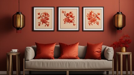 A serene Lunar New Year wall mockup featuring traditional lanterns and a red and gold frame, symbolizing prosperity and happiness.
