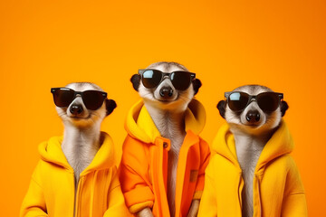 Generative AI illustration of portrait of cool raccoons in clothes and sunglasses on blue background