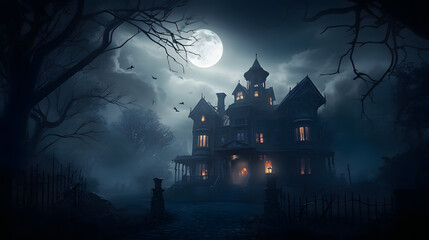 Fototapeta na wymiar Moonlit Haunting: The Eerie Charm of the Mansion in the Mist