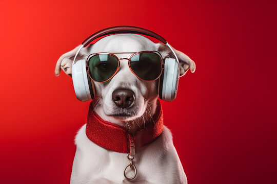 Generative AI illustration portrait of dog in sunglasses and headphones wearing listening to music against red background