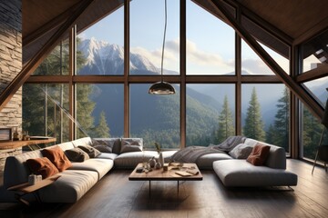 Fototapeta premium A luxurious mountain-side retreat, mountain house with floor-to-ceiling windows, breathtaking views of the rugged landscape and cozy, elegant interiors, ideal for background image