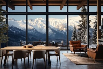A luxurious mountain-side retreat, mountain house with floor-to-ceiling windows, breathtaking views of the rugged winter landscape and cozy, elegant interiors, ideal for background image