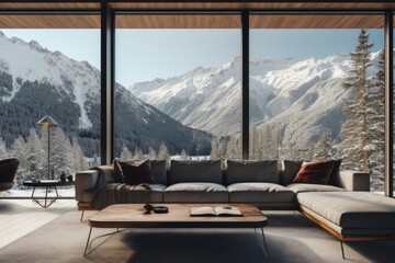 A luxurious mountain-side retreat, mountain house with floor-to-ceiling windows, breathtaking views of the rugged winter landscape and cozy, elegant interiors, ideal for background image