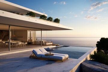 Fototapeta premium A modern coastal home with a minimalist design, on a cliff overlooking the sea, outdoor lounge and expansive terraces for enjoying the coastal vistas, ideal for background image