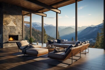 A luxurious mountain-side retreat, mountain house with floor-to-ceiling windows, breathtaking views of the rugged landscape and cozy, elegant interiors, ideal for background image