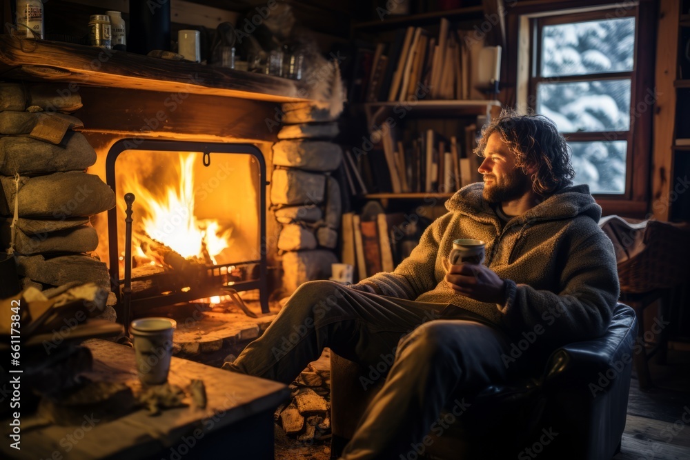 Canvas Prints a person sits by a crackling fireplace in a rustic cabin, drinking hot cocoa and enjoying a fireside