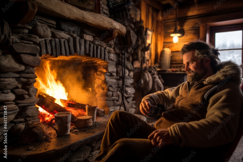 Canvas Prints a person sits by a crackling fireplace in a rustic cabin, drinking hot cocoa and enjoying a fireside