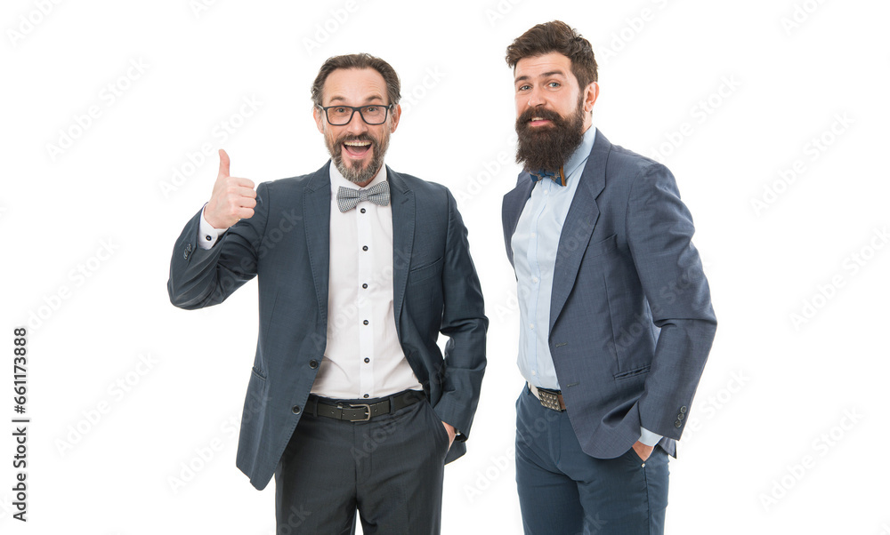 Wall mural promoter. bearded businessmen in formal suit. business meeting. team success. partnership of boss me