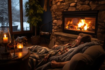A person sits by a crackling fireplace in a rustic cabin, drinking hot cocoa and enjoying a fireside chat in a warm and inviting winter retreat - Powered by Adobe