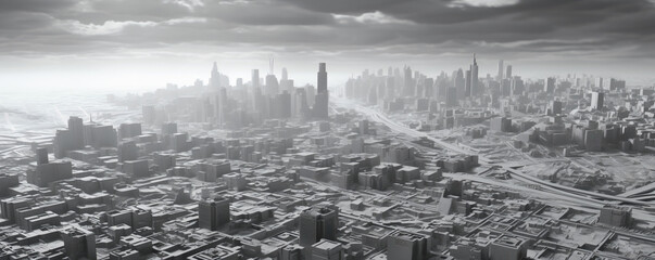  black and white foggy city rendering