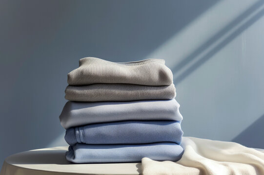 Generative AI illustration of stack of folded sweaters placed on table against wall in daylight