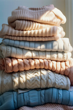 Generative AI illustration of stack of folded wool sweaters against wall in daylight