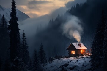 A solitary cabin nestled in a snowy forest, smoke gently rising from the chimney, as a person enjoys the warmth and comfort within