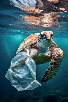 Generative AI illustration of wild sea turtle with transparent plastic bag swimming underwater representing concept of environmental pollution