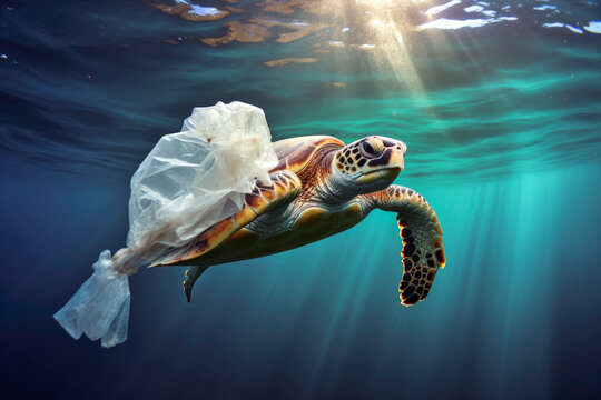 Generative AI illustration of wild sea turtle with transparent plastic bag swimming underwater representing concept of environmental pollution