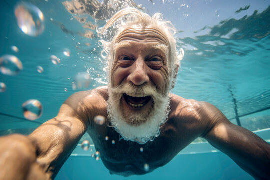 Generative AI illustration of underwater view of delighted senior man swimming in clear water of pool and looking at camera