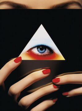 Surrealist image of woman holding a triangle with an eye inside looking at camera. Generative AI.