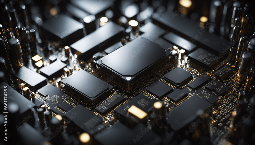 Poster abstract electronic circuit board, a fusion of technology and ai, suitable for illustrating innovati