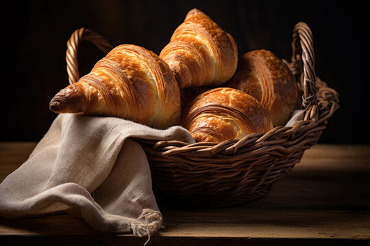 Golden croissants rest in a woven basket.