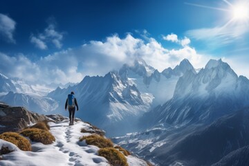 Fototapeta premium An adventurous hiker ascends a snow-covered mountain trail, with panoramic views of the snow-capped peaks as their reward