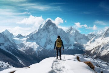 Fototapeta na wymiar An adventurous hiker ascends a snow-covered mountain trail, with panoramic views of the snow-capped peaks as their reward
