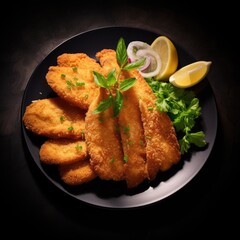 Breaded fish fillets garnished with lemon, herbs, and red onion on a black plate.