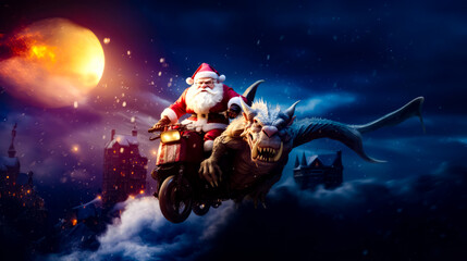 Santa clause riding motorcycle with demon on the back of it.