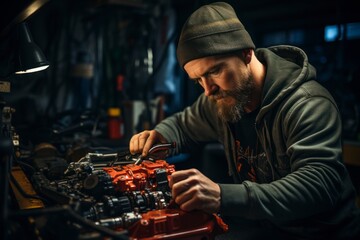 An action shot of a mechanic tighting bolts on a car engine, showcasing the efficiency and skill