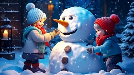 Crédence de cuisine en verre imprimé Chambre denfants Two little kids building snowman in the snow with snowman in the background.