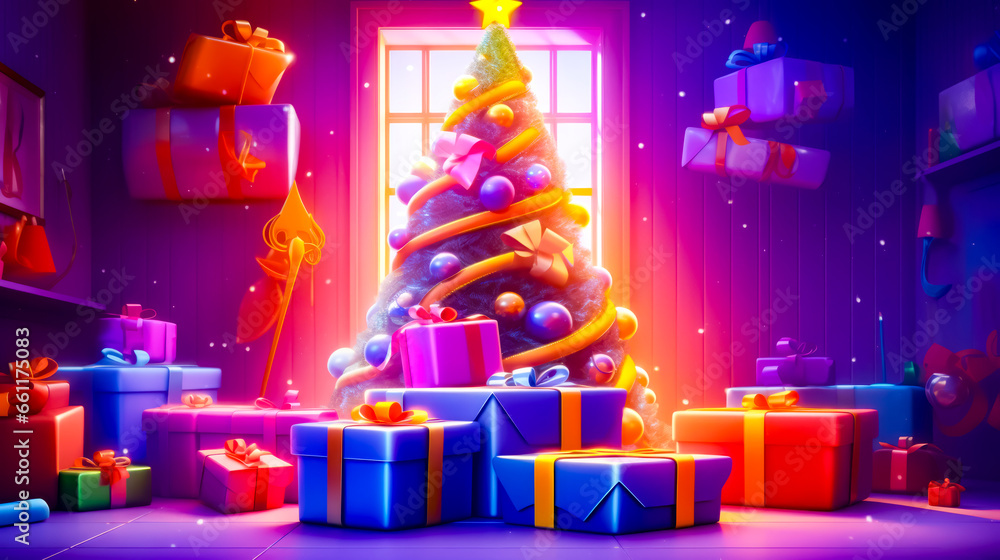 Poster christmas tree surrounded by presents in front of window with star on top.