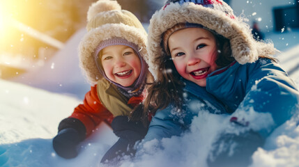 Two young children playing in the snow with snowman in the background.