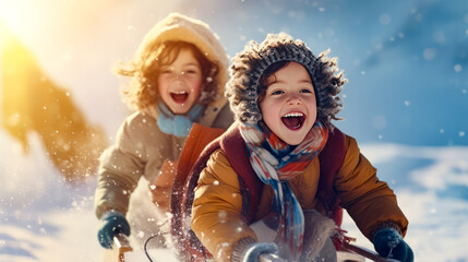 Two children playing in the snow on sled with their mouths open. - obrazy, fototapety, plakaty