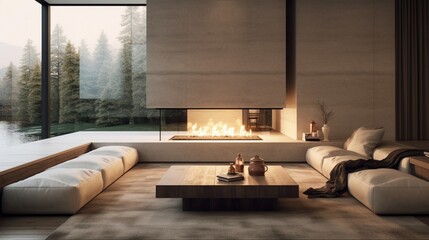 A sleek, modern fireplace with built-in seating.