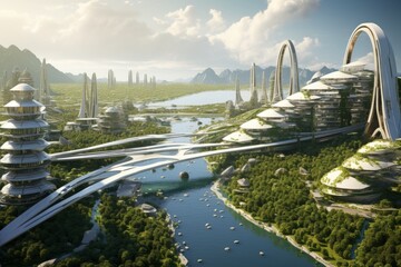 futuristic white city with solar panels and blue sky and green environment