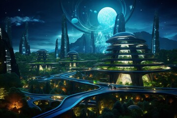 futuristic city with solar panels and green environment at night with glowing lights