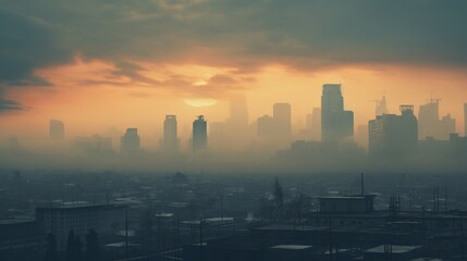 A smog-covered cityscape at dusk with muted colors, showcasing the impact of air pollution on urban life.