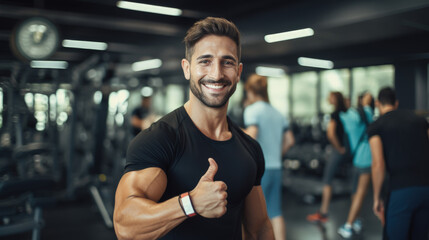 In this dynamic scene, a fitness coach stands in a gym, giving a double thumbs-up sign, radiating encouragement and support. The blurred gym background adds to the energetic atmosphere. - obrazy, fototapety, plakaty